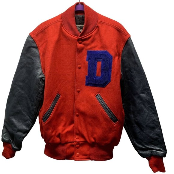 Holloway Varsity Letterman Jacket XS Red Gray Blue D Wool Leather - Picture 1 of 12